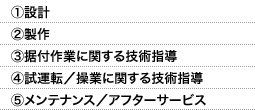 1.設計　2.製作　3.据付作業に関する技術指導　4.試運転/操業に関する技術指導　5.メンテナンス/アフターサービス